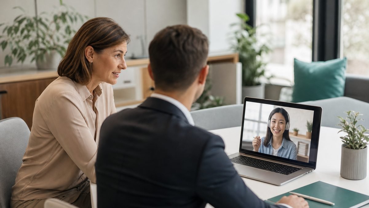 HR-Verantwortliche und Kollege besprechen im Büro eine flexible Online-Sprachstunde am Laptop